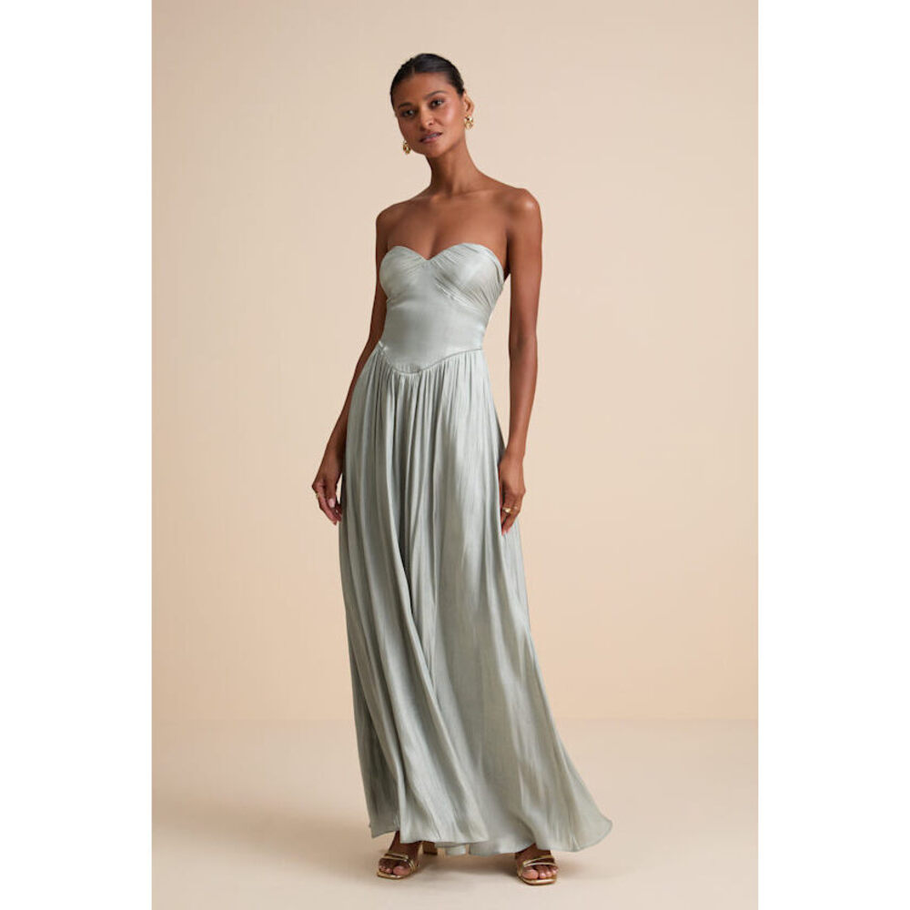 Lulus Kylin Sage Satin Basque Waist Maxi Dress Green - Size XS